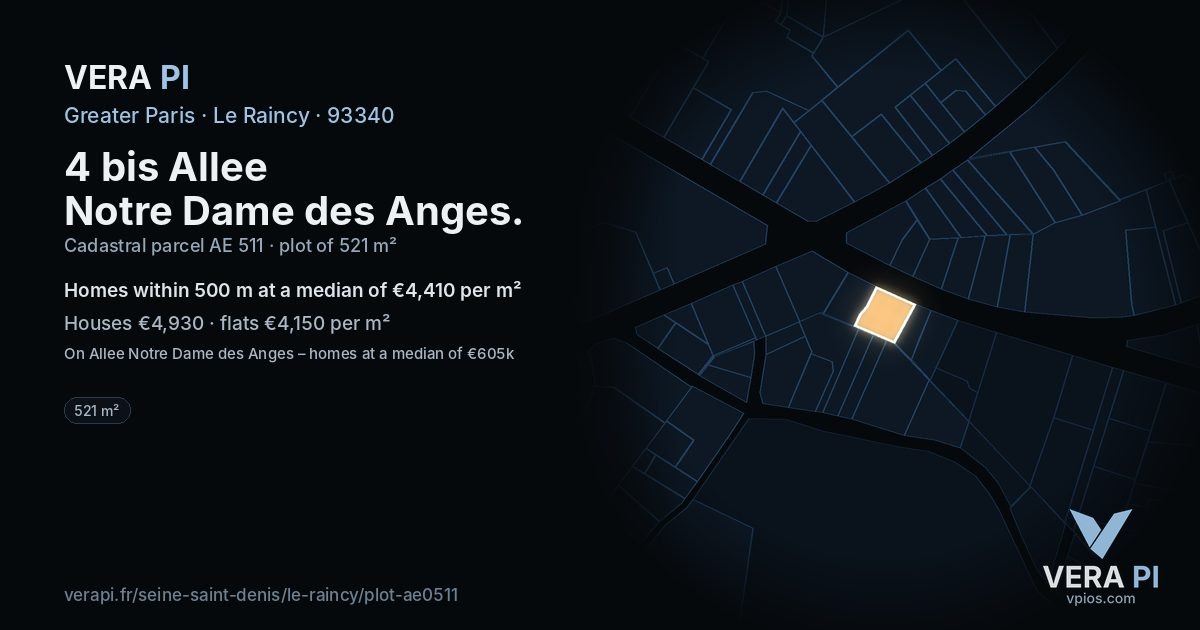4 bis Allee Notre Dame des Anges, Le Raincy at night – the plot lit, the parcels around coloured by the prices near them