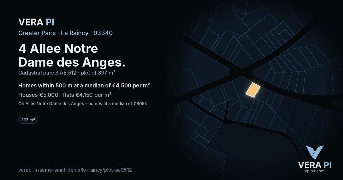 4 Allee Notre Dame des Anges, Le Raincy at night – the plot lit, the parcels around coloured by the prices near them