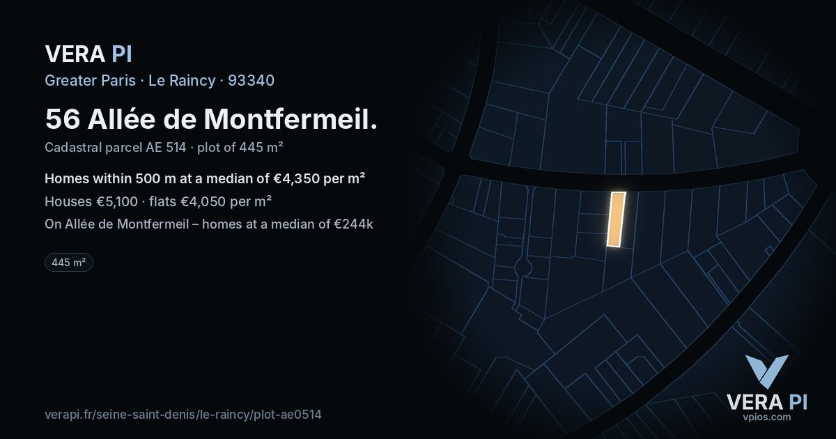 56 Allée de Montfermeil, Le Raincy at night – the plot lit, the parcels around coloured by the prices near them