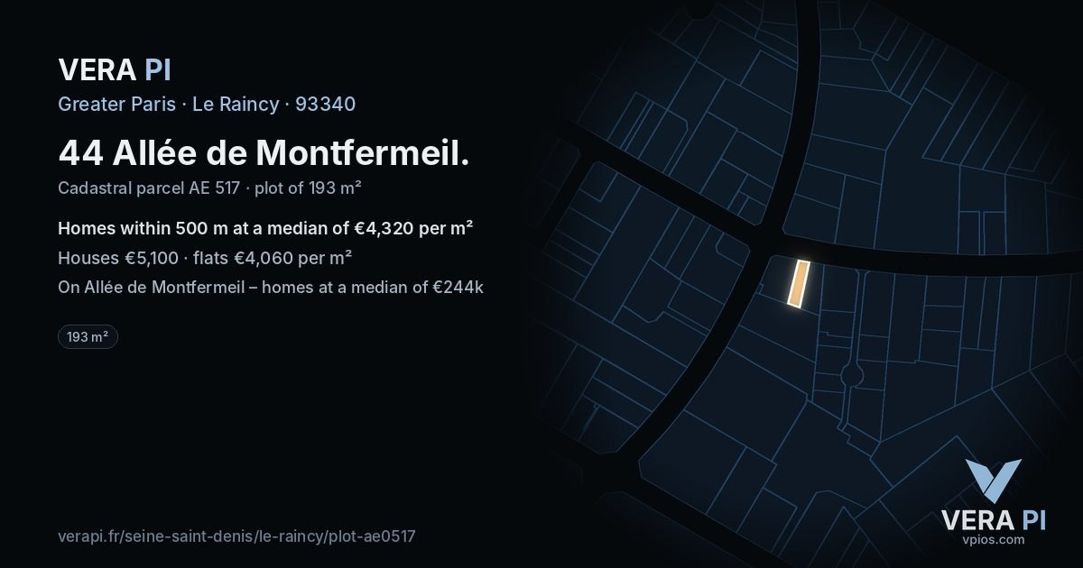 44 Allée de Montfermeil, Le Raincy at night – the plot lit, the parcels around coloured by the prices near them