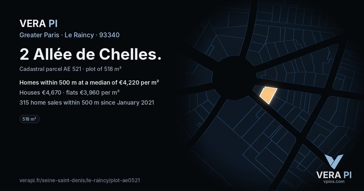 2 Allée de Chelles, Le Raincy at night – the plot lit, the parcels around coloured by the prices near them
