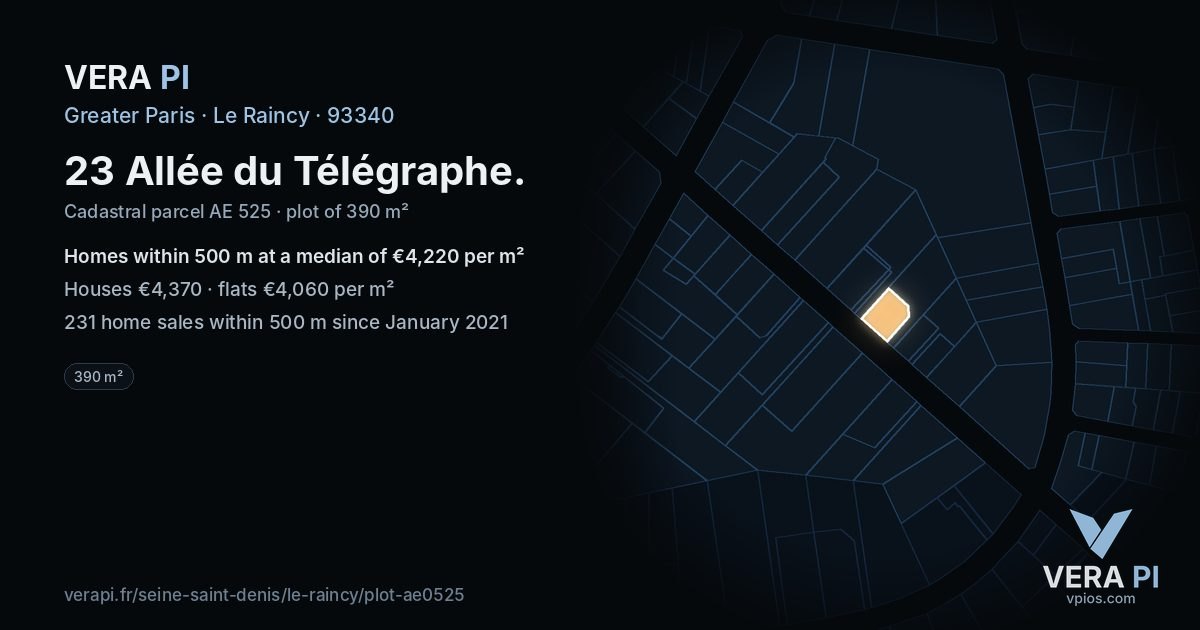 23 Allée du Télégraphe, Le Raincy at night – the plot lit, the parcels around coloured by the prices near them