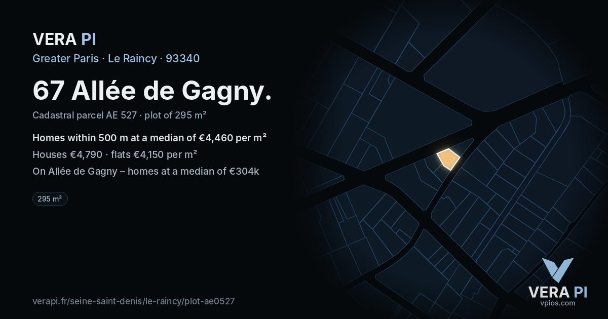 67 Allée de Gagny, Le Raincy at night – the plot lit, the parcels around coloured by the prices near them