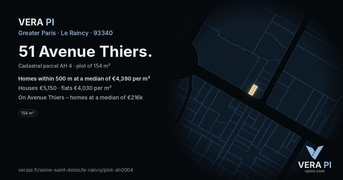 51 Avenue Thiers, Le Raincy at night – the plot lit, the parcels around coloured by the prices near them