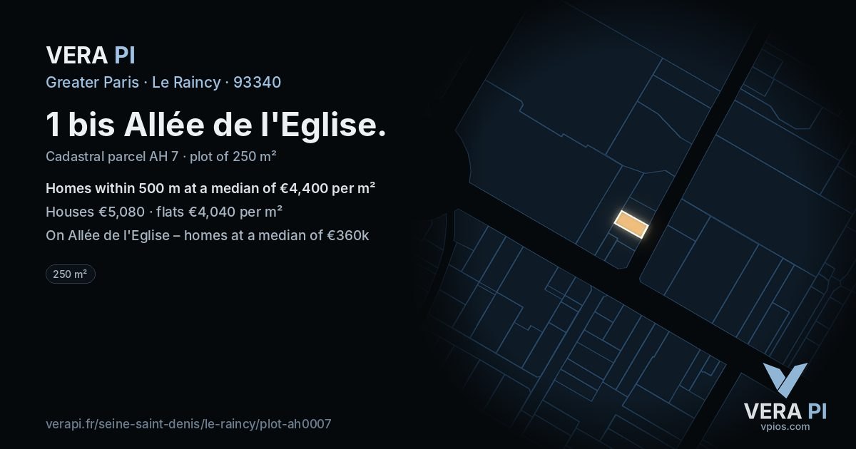 1 bis Allée de l'Eglise, Le Raincy at night – the plot lit, the parcels around coloured by the prices near them
