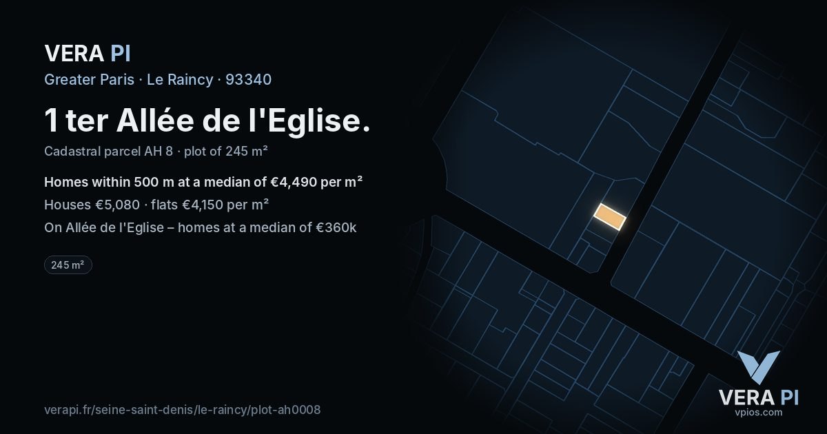 1 ter Allée de l'Eglise, Le Raincy at night – the plot lit, the parcels around coloured by the prices near them