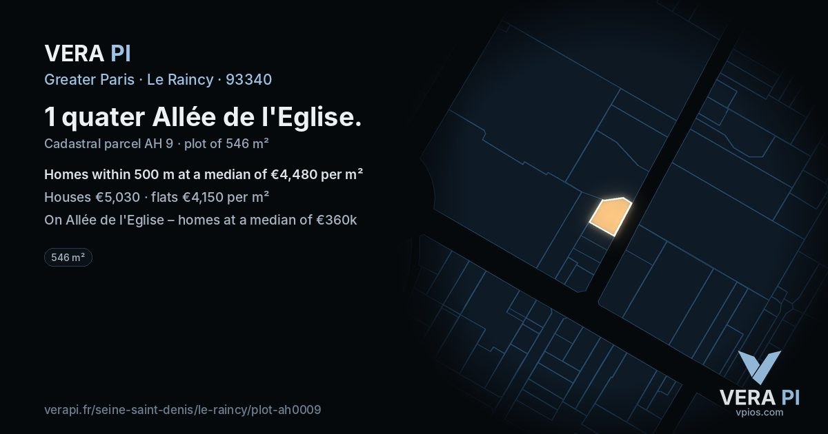 1 quater Allée de l'Eglise, Le Raincy at night – the plot lit, the parcels around coloured by the prices near them