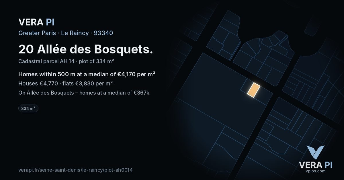 20 Allée des Bosquets, Le Raincy at night – the plot lit, the parcels around coloured by the prices near them