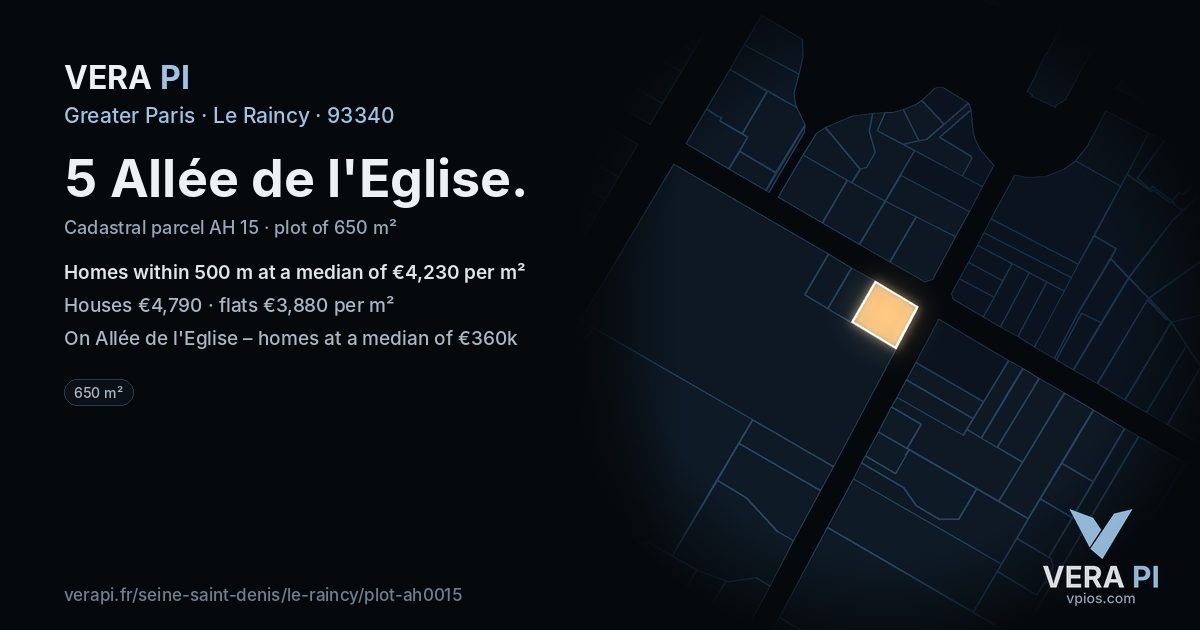 5 Allée de l'Eglise, Le Raincy at night – the plot lit, the parcels around coloured by the prices near them