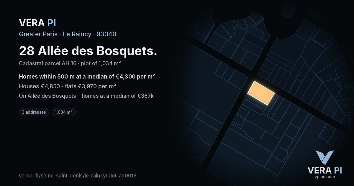 28 Allée des Bosquets, Le Raincy at night – the plot lit, the parcels around coloured by the prices near them