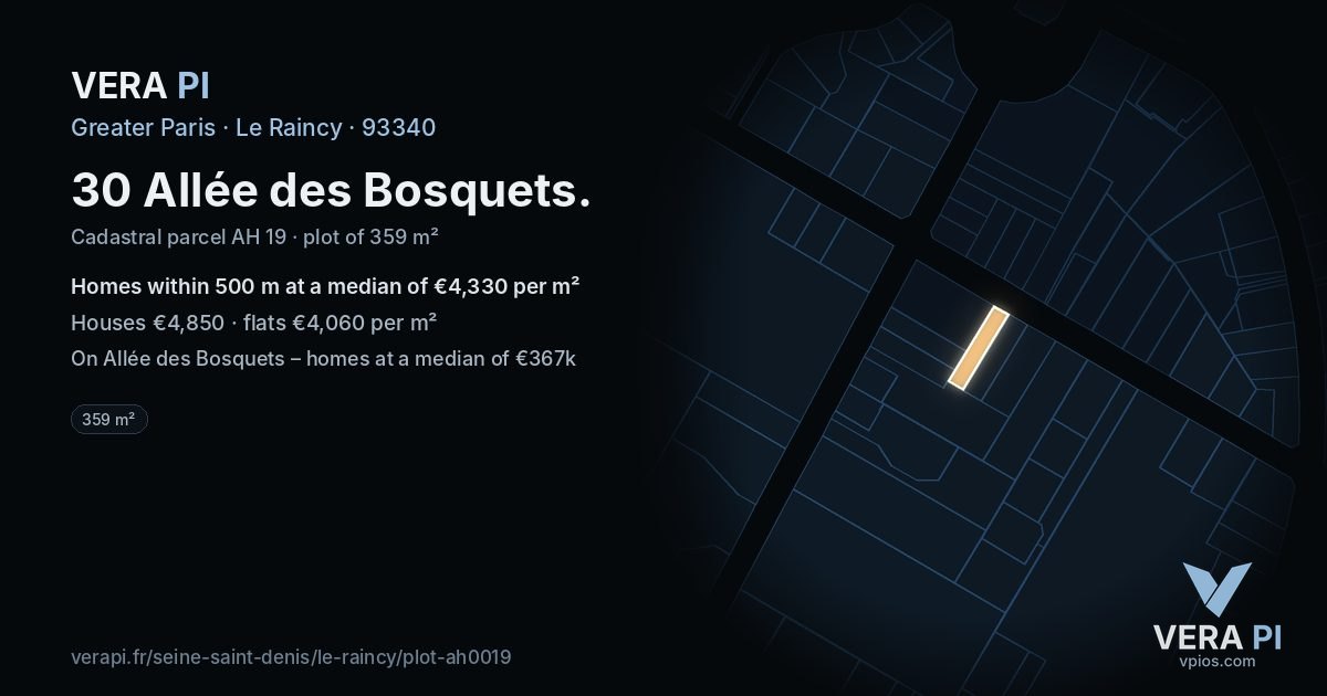 30 Allée des Bosquets, Le Raincy at night – the plot lit, the parcels around coloured by the prices near them