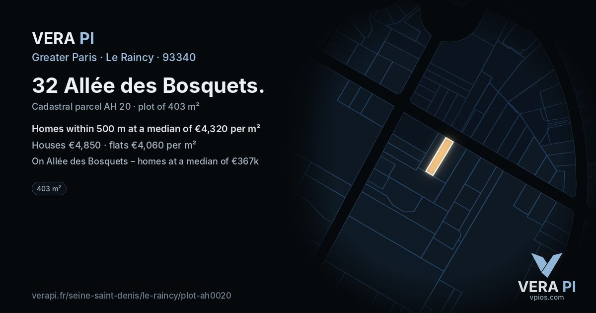 32 Allée des Bosquets, Le Raincy at night – the plot lit, the parcels around coloured by the prices near them