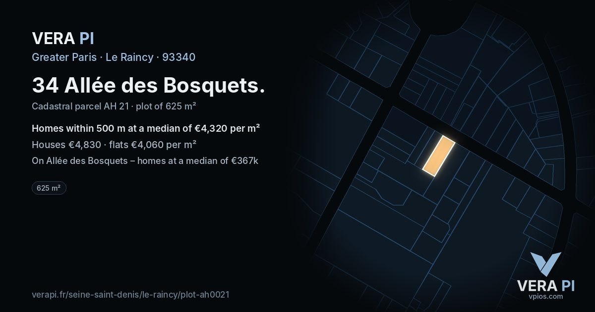 34 Allée des Bosquets, Le Raincy at night – the plot lit, the parcels around coloured by the prices near them