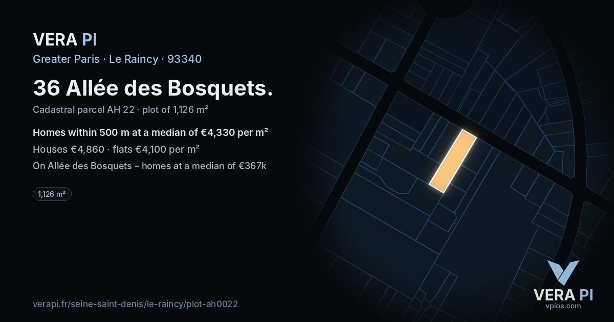 36 Allée des Bosquets, Le Raincy at night – the plot lit, the parcels around coloured by the prices near them