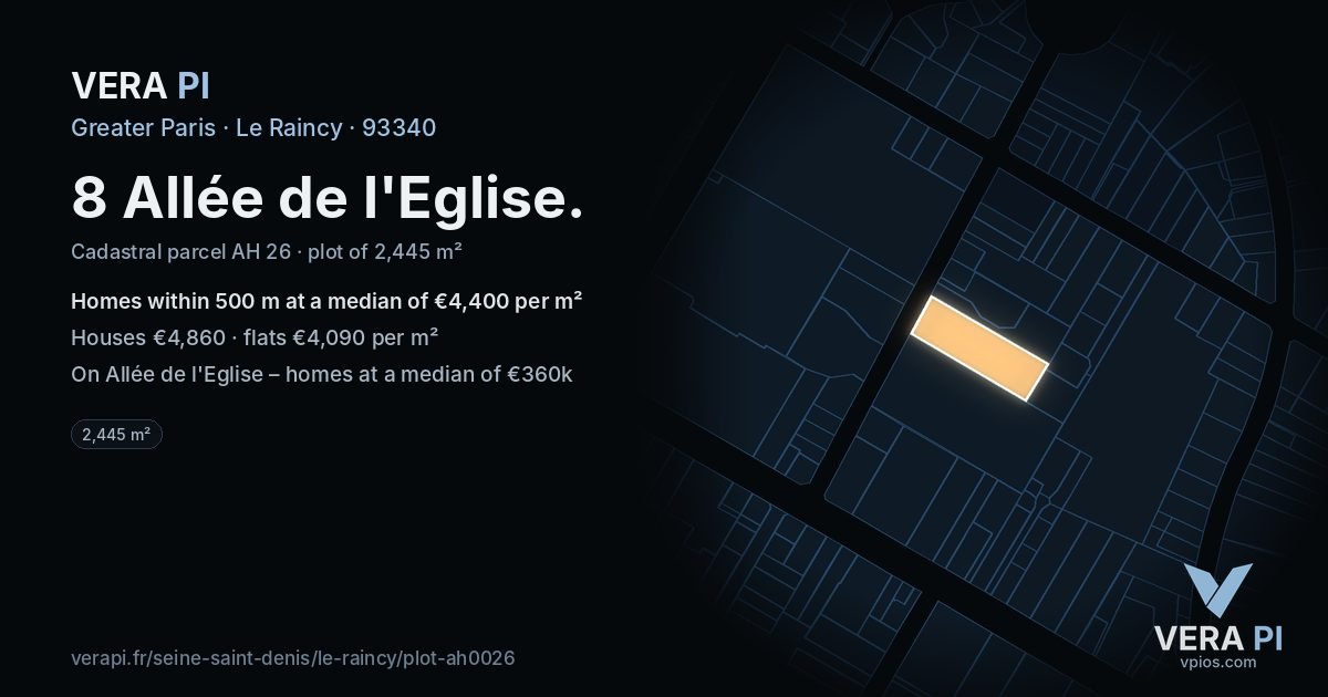 8 Allée de l'Eglise, Le Raincy at night – the plot lit, the parcels around coloured by the prices near them