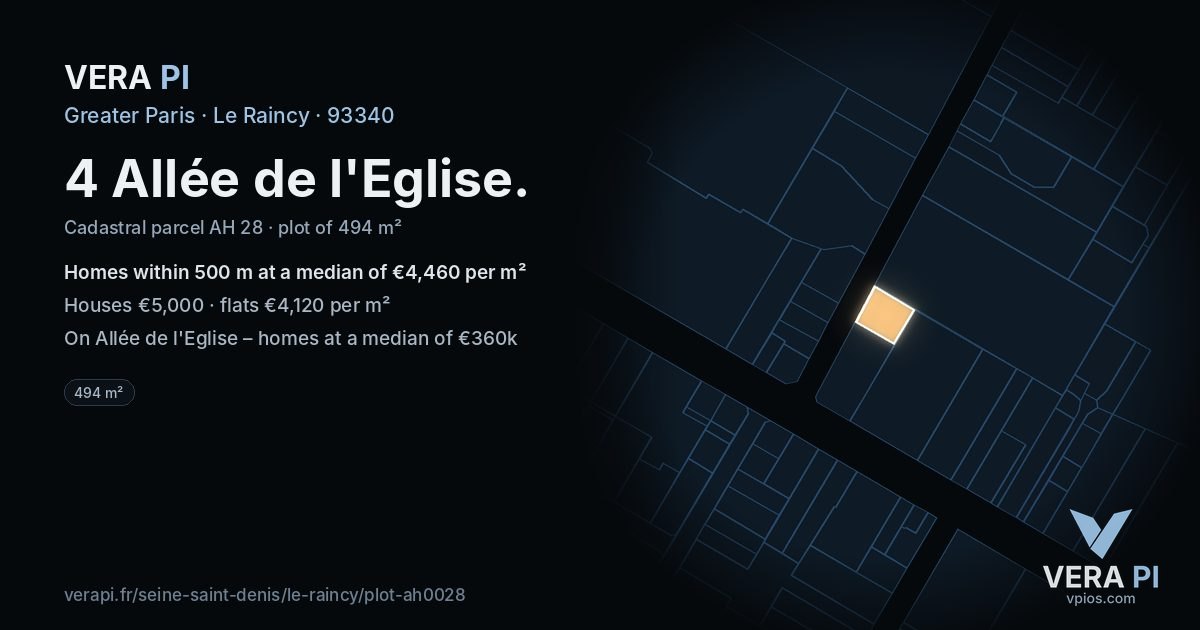 4 Allée de l'Eglise, Le Raincy at night – the plot lit, the parcels around coloured by the prices near them
