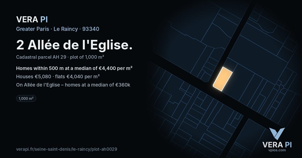 2 Allée de l'Eglise, Le Raincy at night – the plot lit, the parcels around coloured by the prices near them