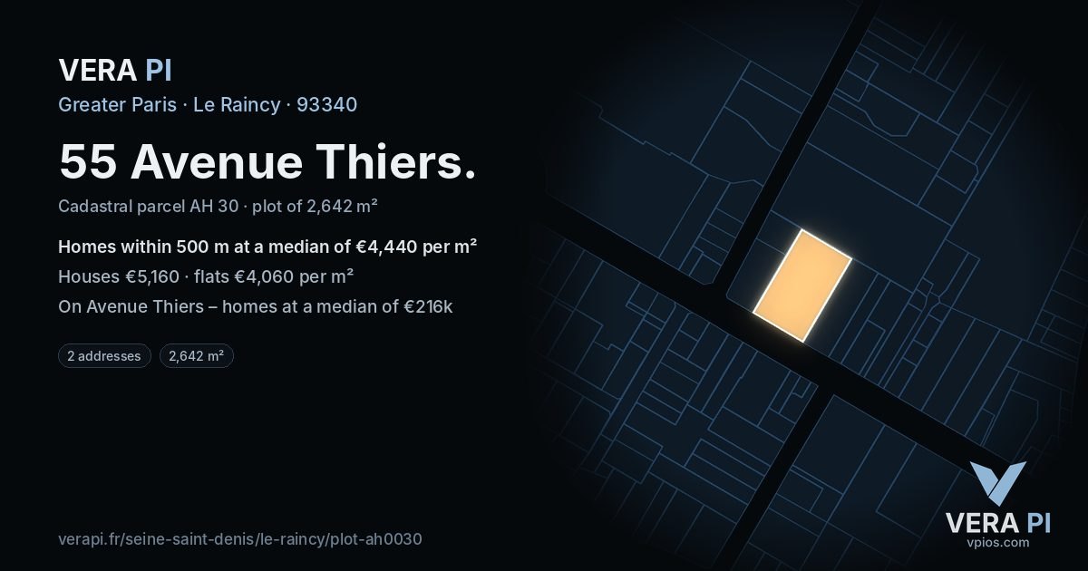55 Avenue Thiers, Le Raincy at night – the plot lit, the parcels around coloured by the prices near them