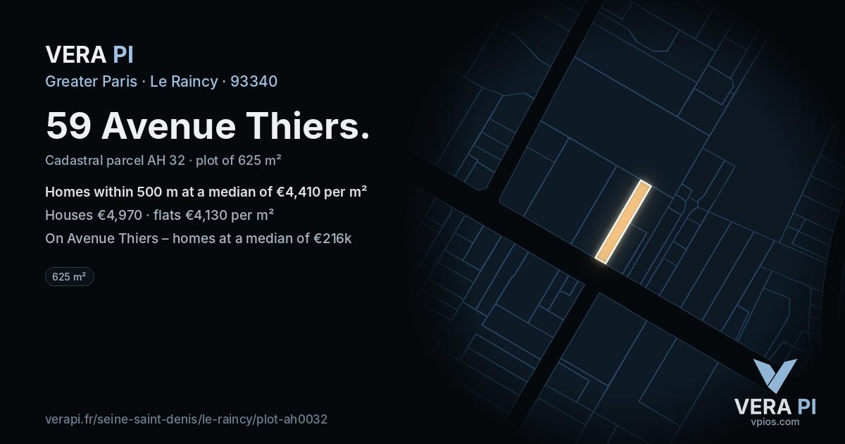 59 Avenue Thiers, Le Raincy at night – the plot lit, the parcels around coloured by the prices near them