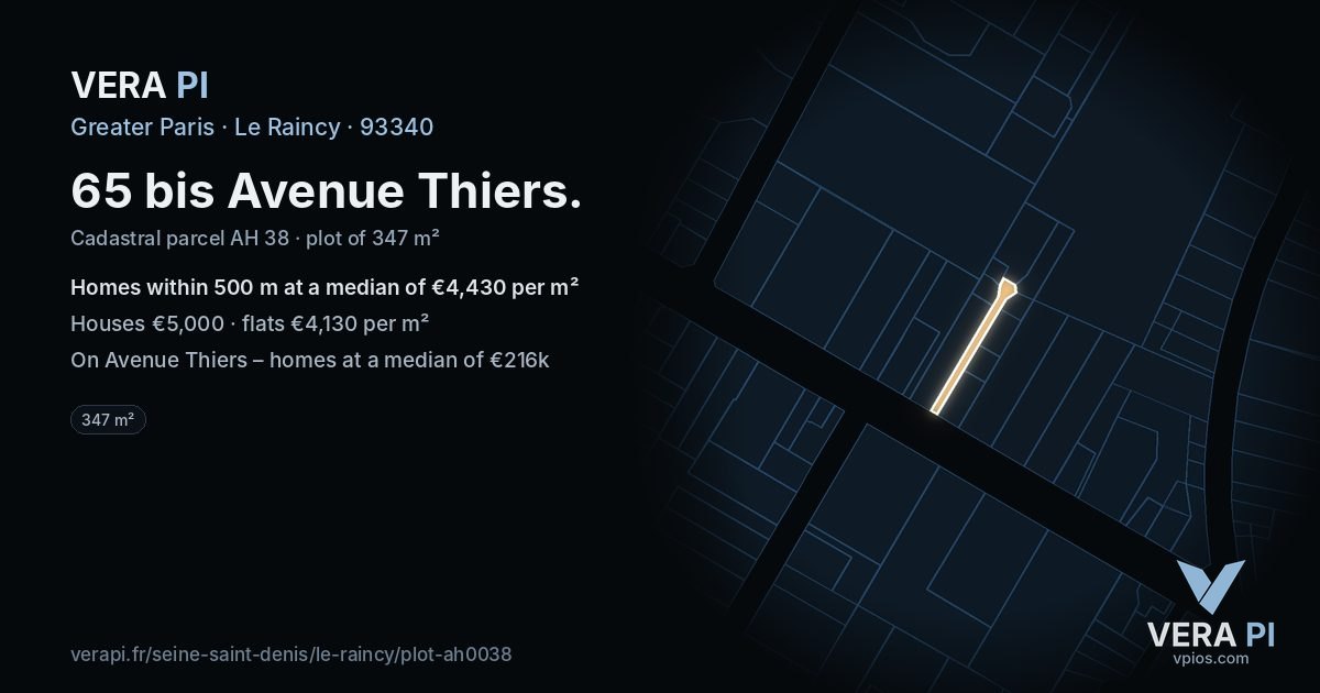 65 bis Avenue Thiers, Le Raincy at night – the plot lit, the parcels around coloured by the prices near them