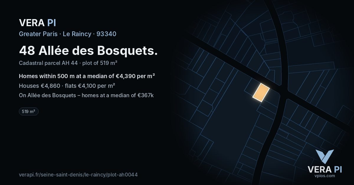 48 Allée des Bosquets, Le Raincy at night – the plot lit, the parcels around coloured by the prices near them