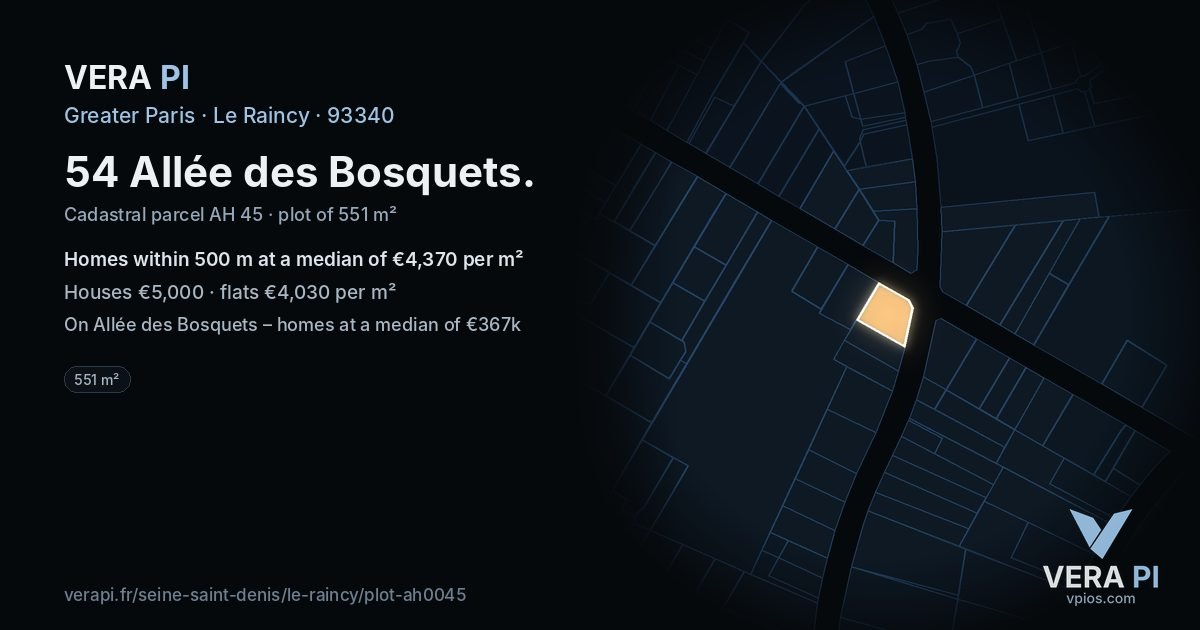 54 Allée des Bosquets, Le Raincy at night – the plot lit, the parcels around coloured by the prices near them