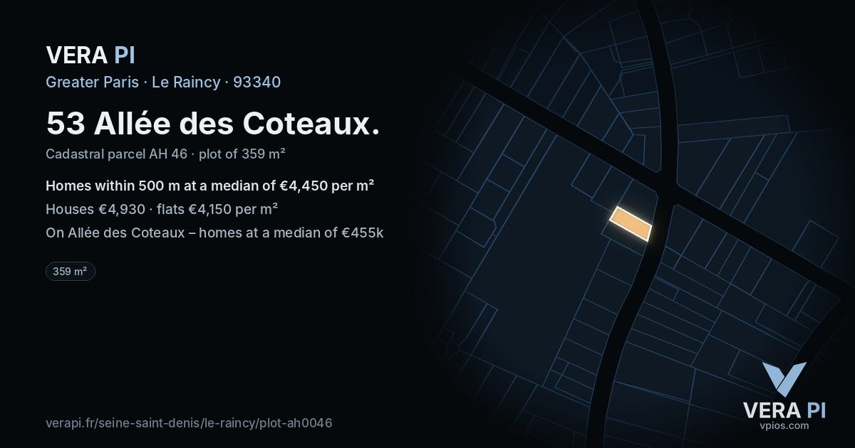 53 Allée des Coteaux, Le Raincy at night – the plot lit, the parcels around coloured by the prices near them