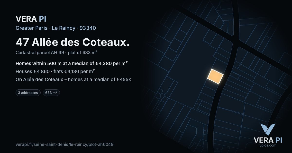 47 Allée des Coteaux, Le Raincy at night – the plot lit, the parcels around coloured by the prices near them