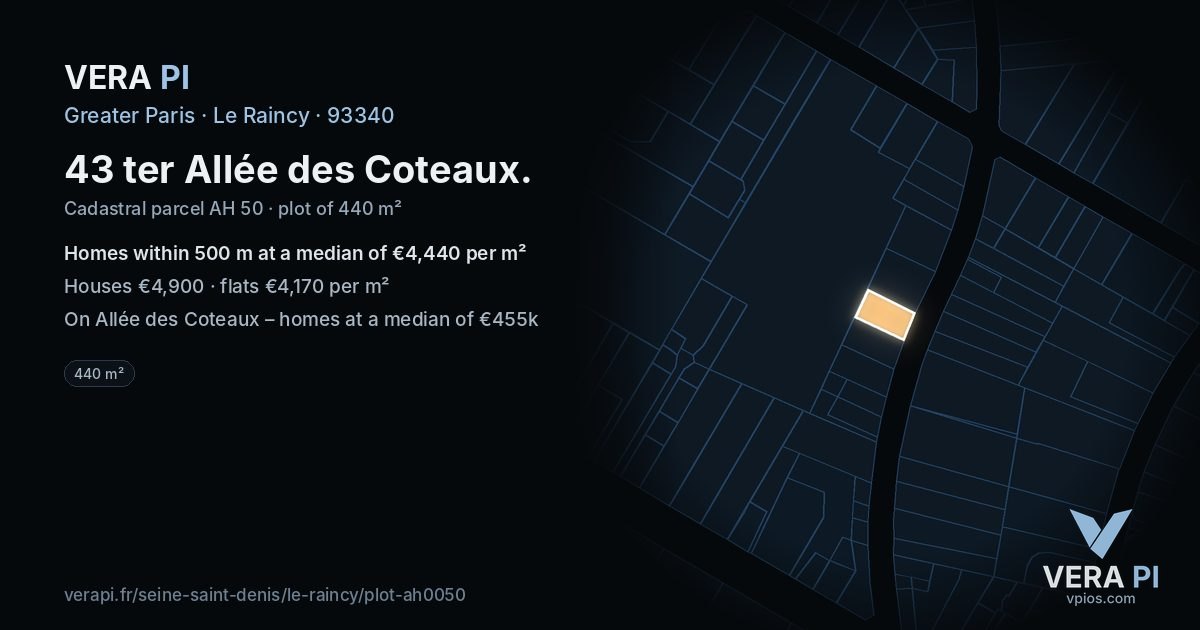 43 ter Allée des Coteaux, Le Raincy at night – the plot lit, the parcels around coloured by the prices near them