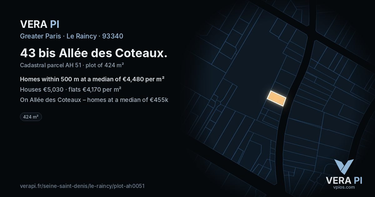 43 bis Allée des Coteaux, Le Raincy at night – the plot lit, the parcels around coloured by the prices near them