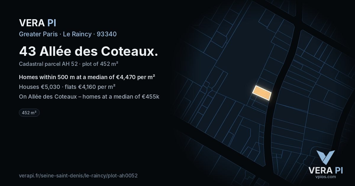 43 Allée des Coteaux, Le Raincy at night – the plot lit, the parcels around coloured by the prices near them