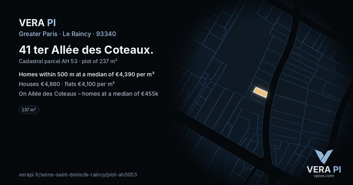 41 ter Allée des Coteaux, Le Raincy at night – the plot lit, the parcels around coloured by the prices near them