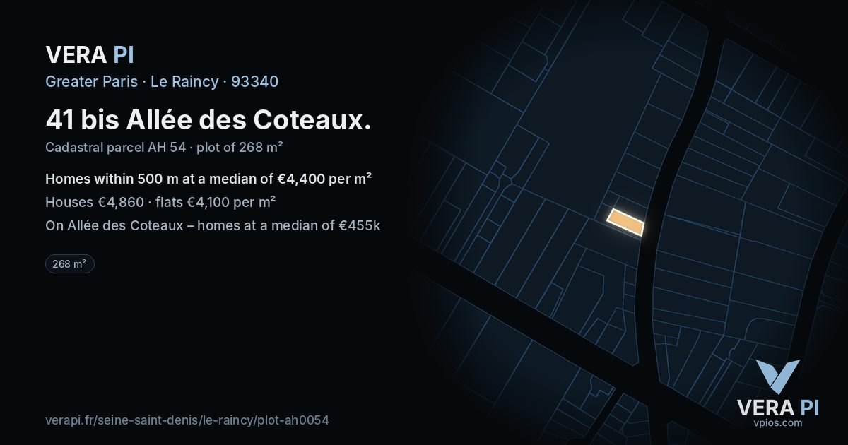 41 bis Allée des Coteaux, Le Raincy at night – the plot lit, the parcels around coloured by the prices near them