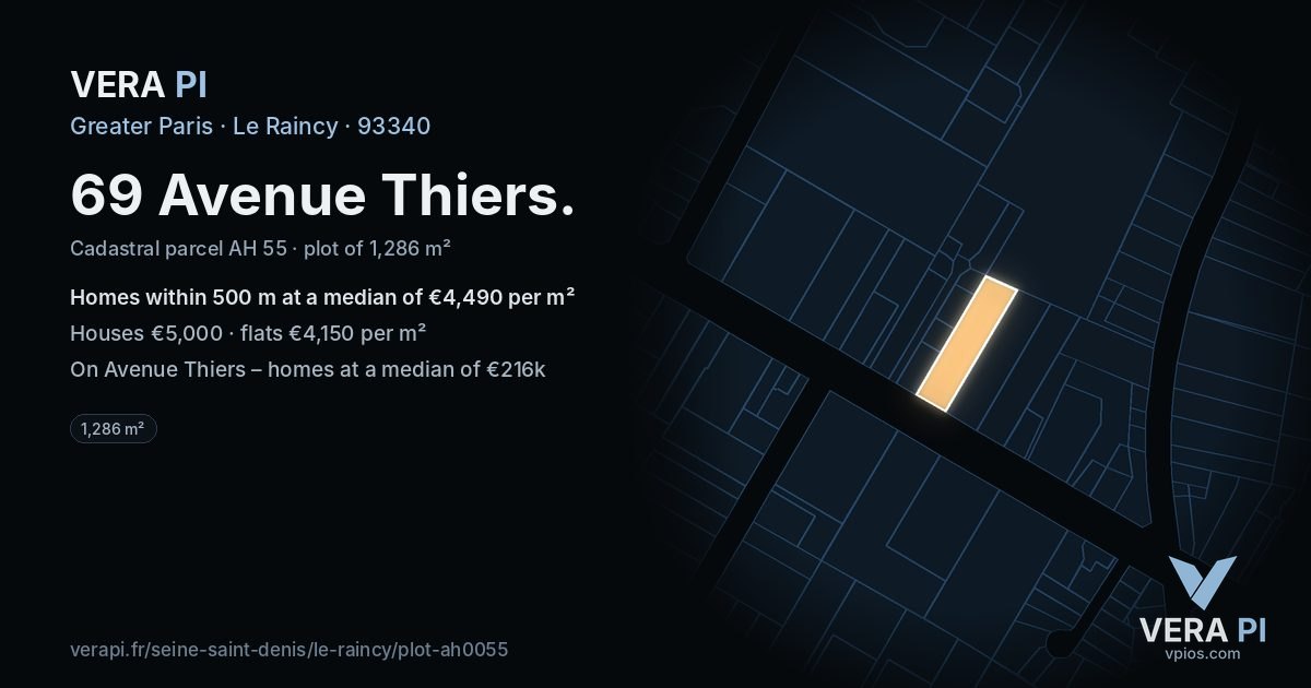 69 Avenue Thiers, Le Raincy at night – the plot lit, the parcels around coloured by the prices near them