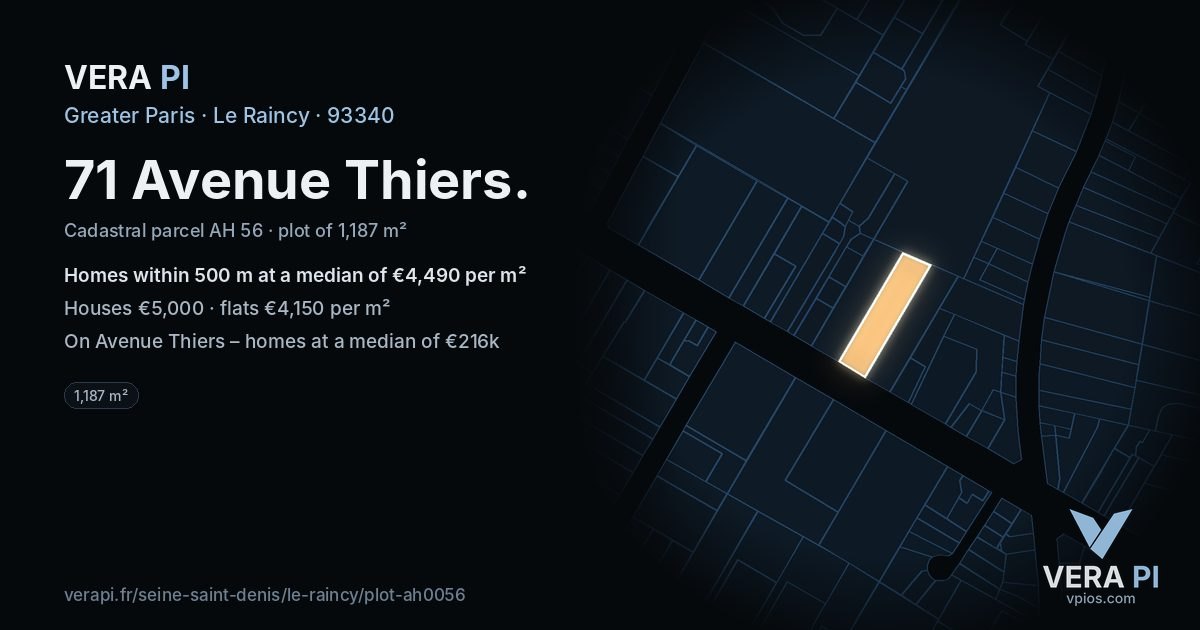 71 Avenue Thiers, Le Raincy at night – the plot lit, the parcels around coloured by the prices near them