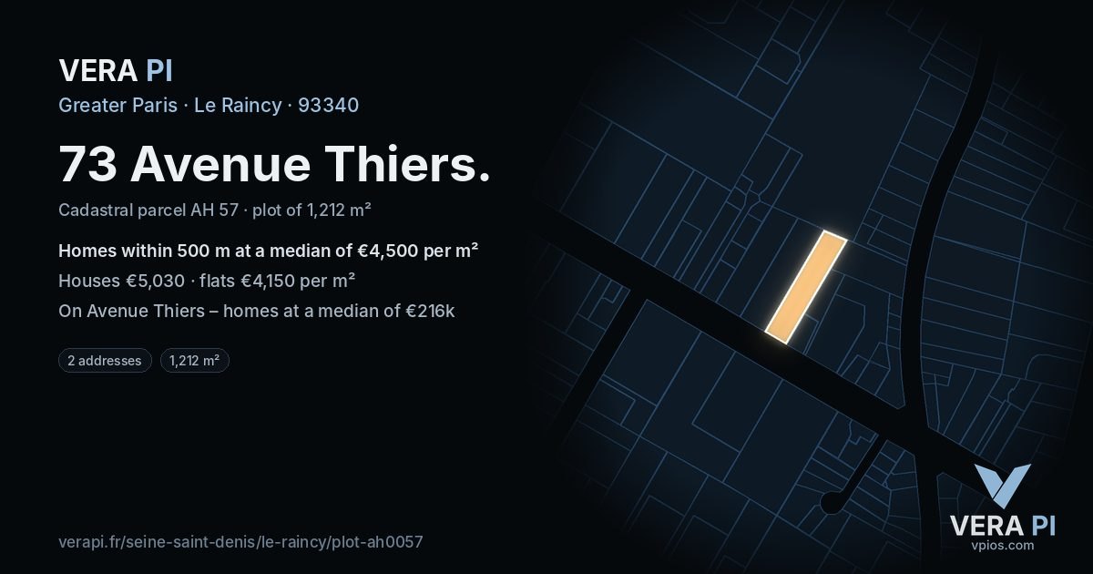 73 Avenue Thiers, Le Raincy at night – the plot lit, the parcels around coloured by the prices near them