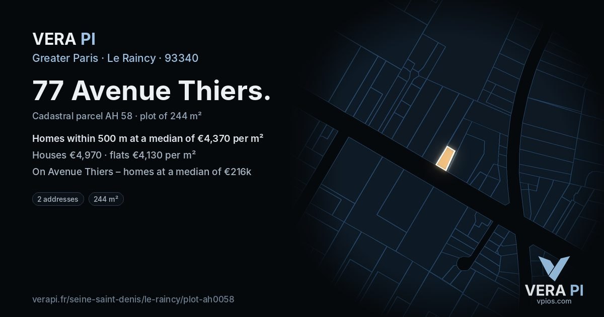 77 Avenue Thiers, Le Raincy at night – the plot lit, the parcels around coloured by the prices near them