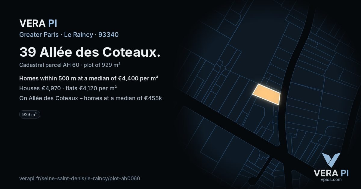 39 Allée des Coteaux, Le Raincy at night – the plot lit, the parcels around coloured by the prices near them