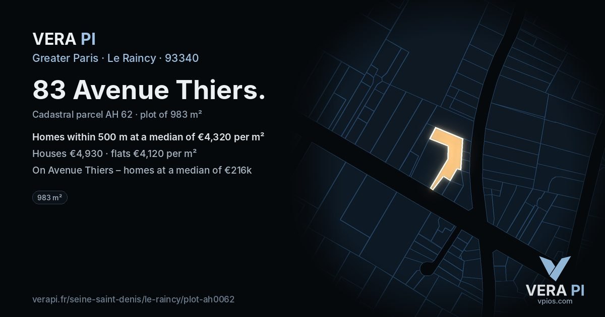 83 Avenue Thiers, Le Raincy at night – the plot lit, the parcels around coloured by the prices near them