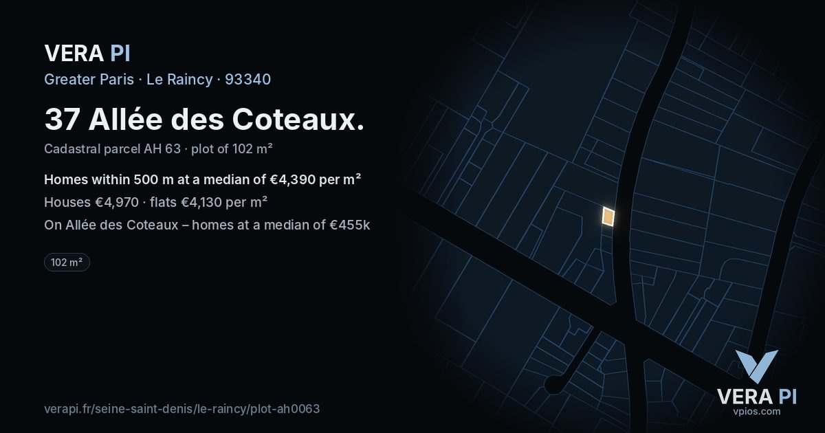 37 Allée des Coteaux, Le Raincy at night – the plot lit, the parcels around coloured by the prices near them