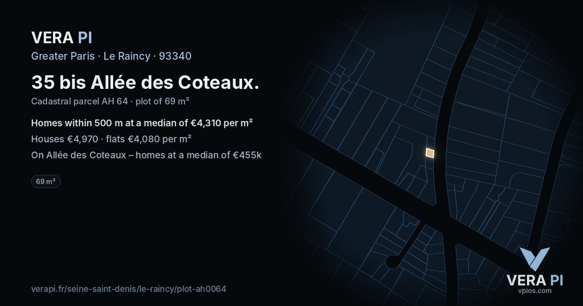 35 bis Allée des Coteaux, Le Raincy at night – the plot lit, the parcels around coloured by the prices near them