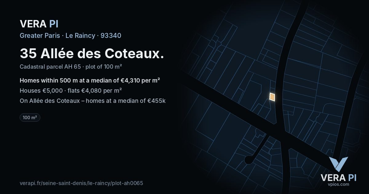 35 Allée des Coteaux, Le Raincy at night – the plot lit, the parcels around coloured by the prices near them