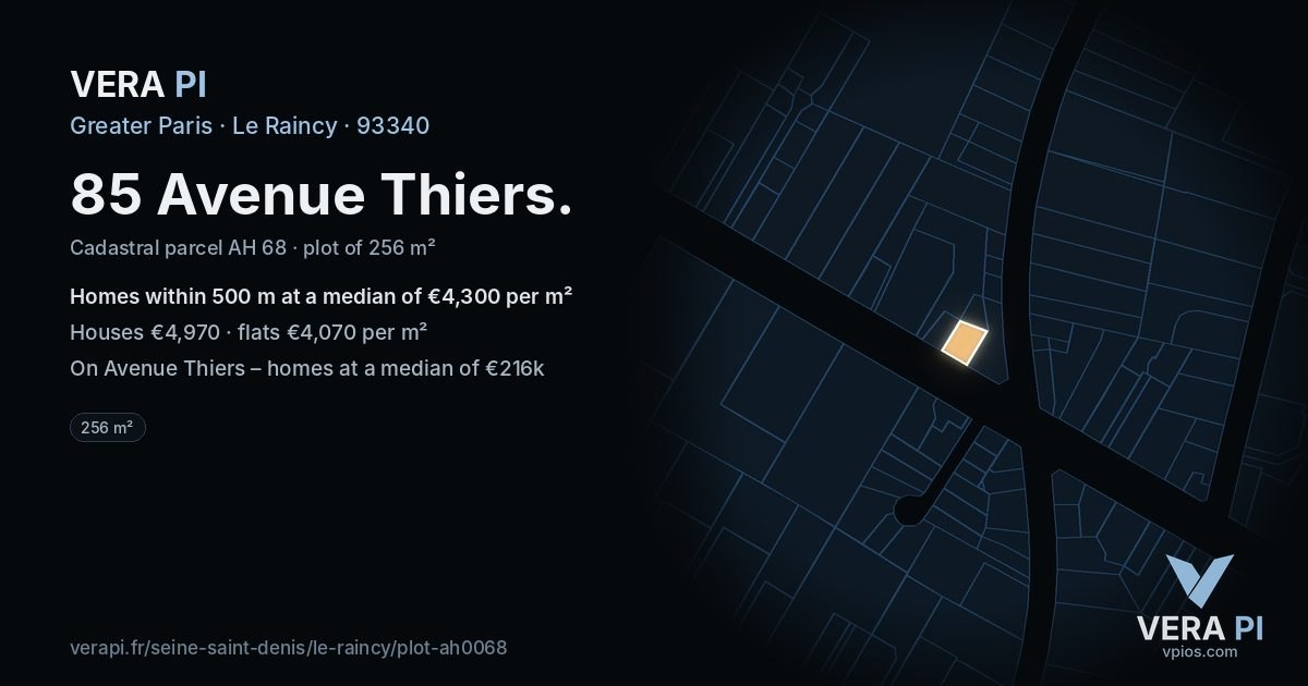 85 Avenue Thiers, Le Raincy at night – the plot lit, the parcels around coloured by the prices near them