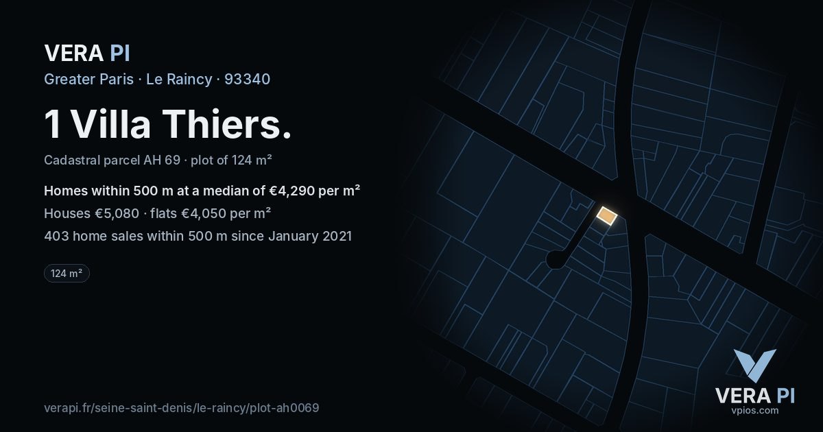 1 Villa Thiers, Le Raincy at night – the plot lit, the parcels around coloured by the prices near them