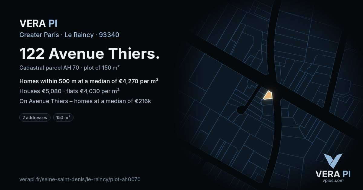 122 Avenue Thiers, Le Raincy at night – the plot lit, the parcels around coloured by the prices near them