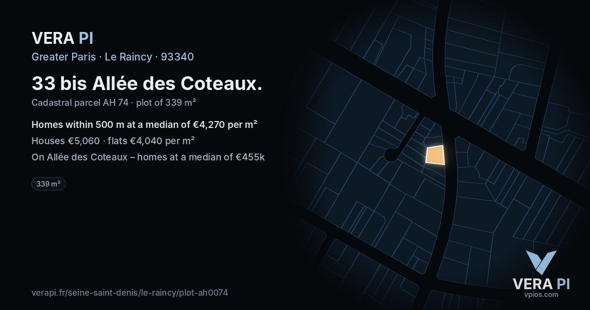 33 bis Allée des Coteaux, Le Raincy at night – the plot lit, the parcels around coloured by the prices near them