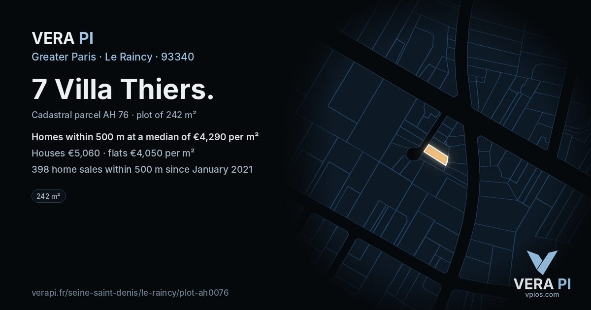 7 Villa Thiers, Le Raincy at night – the plot lit, the parcels around coloured by the prices near them