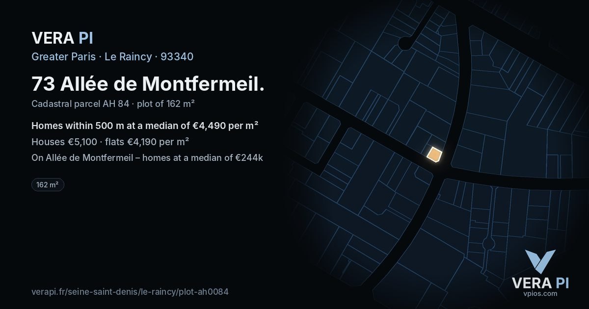 73 Allée de Montfermeil, Le Raincy at night – the plot lit, the parcels around coloured by the prices near them