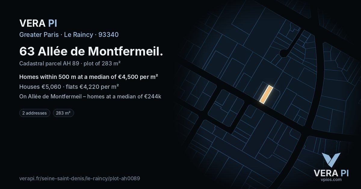63 Allée de Montfermeil, Le Raincy at night – the plot lit, the parcels around coloured by the prices near them