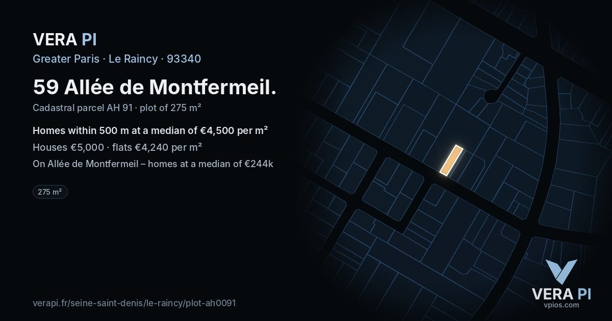59 Allée de Montfermeil, Le Raincy at night – the plot lit, the parcels around coloured by the prices near them